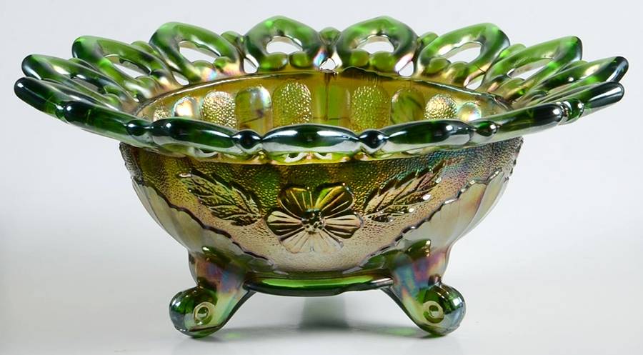 Wild Rose and Shell Green Carnival 7" 3-Toed Footed Bowl by Northwood-1