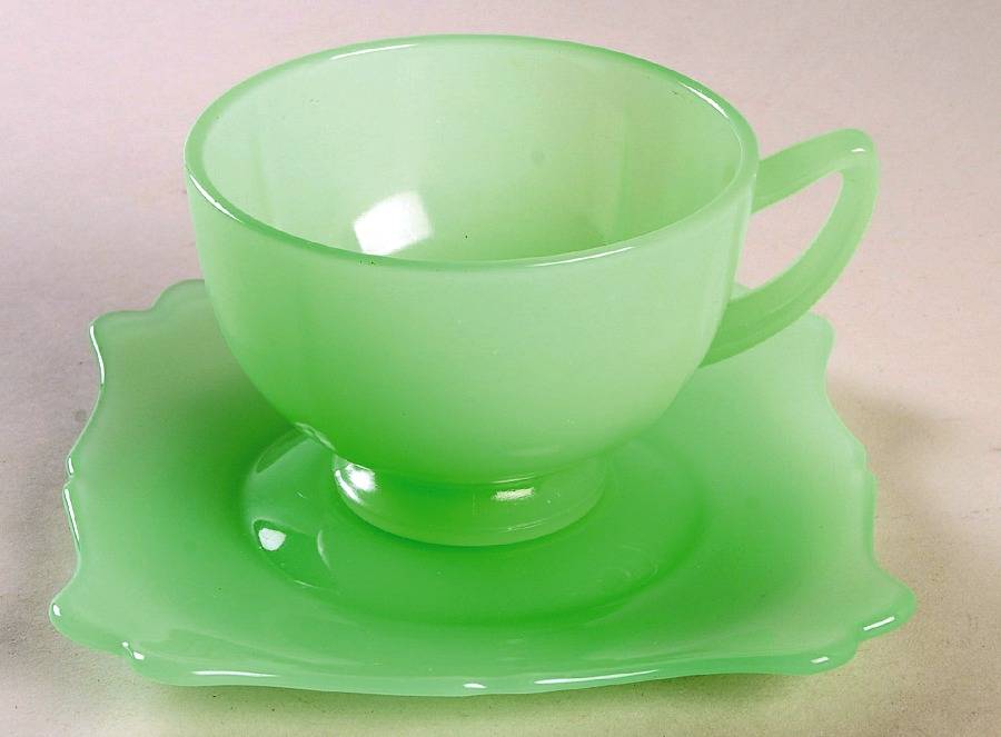 Fancy Square Jade Cup & Saucer Set by New Martinsville-1