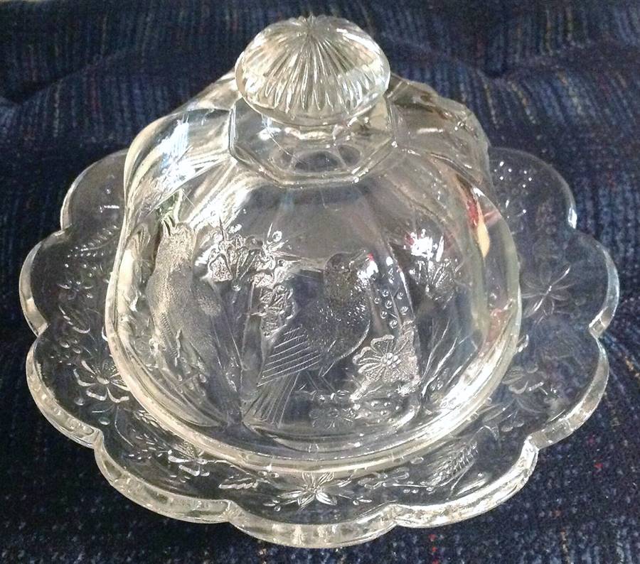 Singing Birds Clear Round Covered Butter by Northwood-1