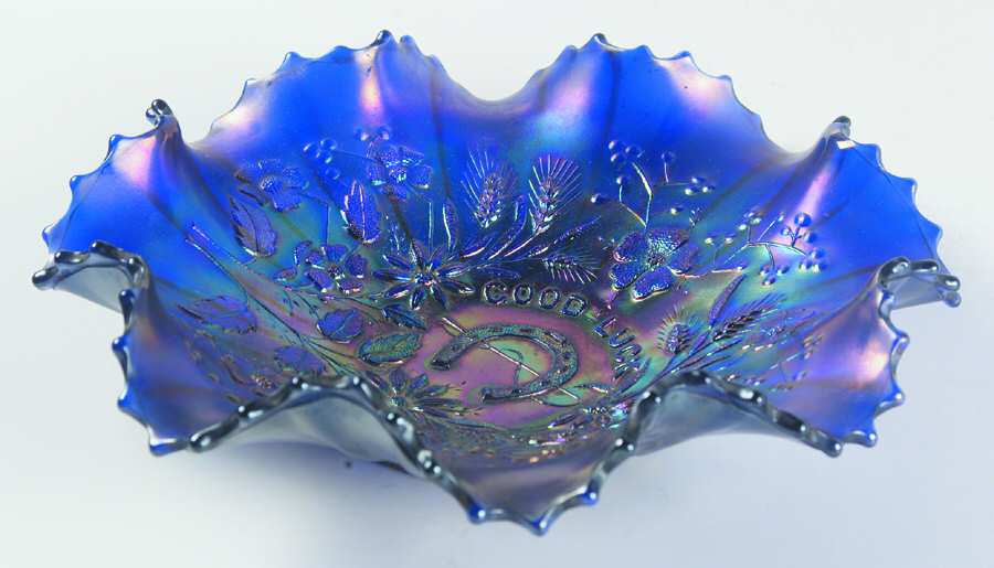 Good Luck-Blue 9" Round Crimped Bowl by Northwood-1
