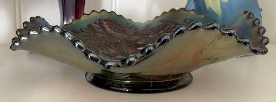 Three Fruits Amethyst (Carnival) Crimped Bowl by Northwood-1