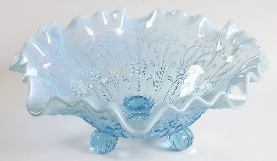 Pearl Flowers-Blue Opalescent 8" Crimped Triangular Bowl by Northwood-1