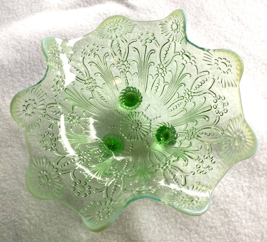 Pearl Flowers-Green Opalescent 9" Flared Bowl by Northwood-1