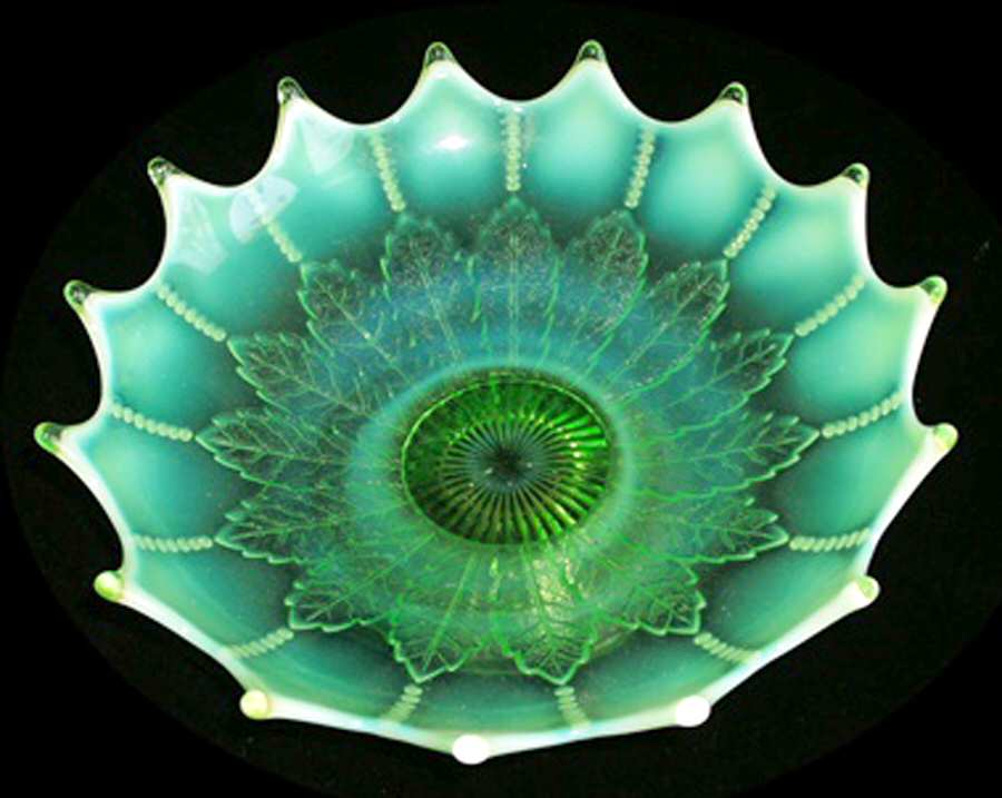 Leaf and Beads-Green Opalescent Round Bowl by Northwood-1