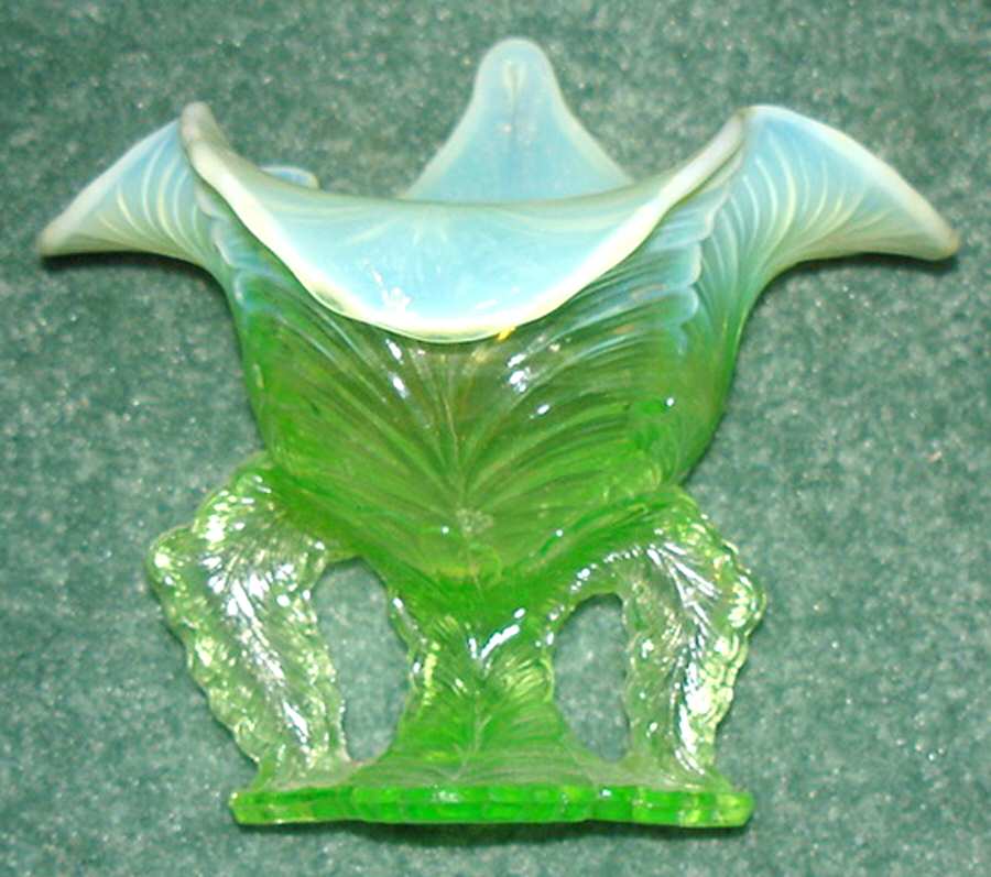 Leaf Chalice-Green Opalescent 6" Crimped Vase by Northwood-1