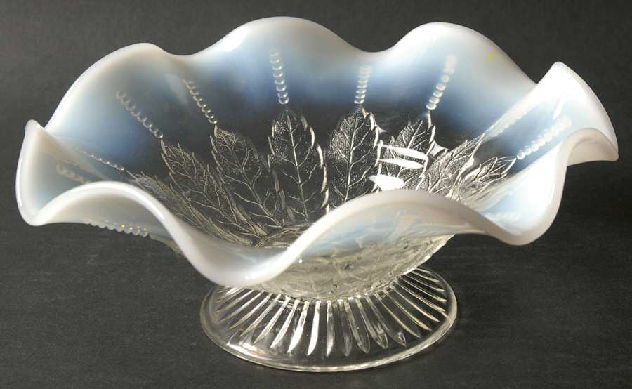Leaf and Beads-White Opalescent 8" Round Crimped Bowl by Northwood-1