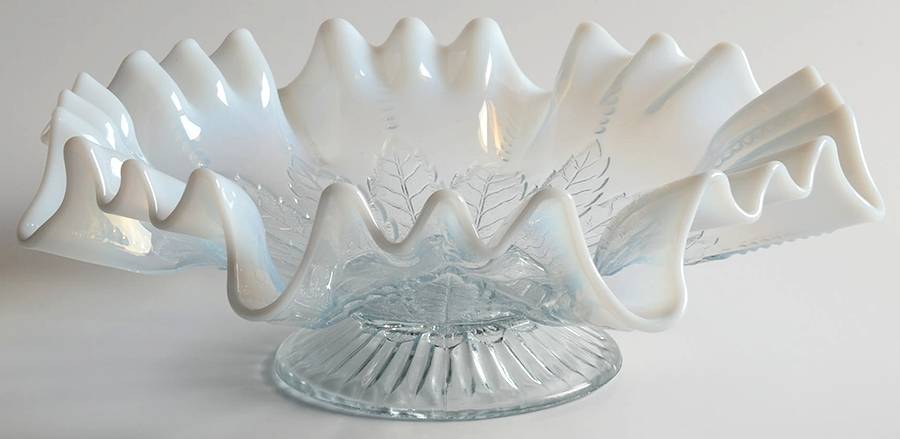 Leaf and Beads-White Opalescent 9" Round Double Crimped Bowl by Northwood-1