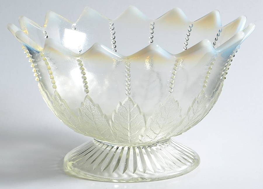 Leaf and Beads-White Opalescent 6" Footed Bowl by Northwood-1