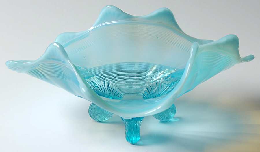 Klondyke-Blue Opalescent(No Decal) 7" 3-Toed Triangular Bowl by Northwood-1