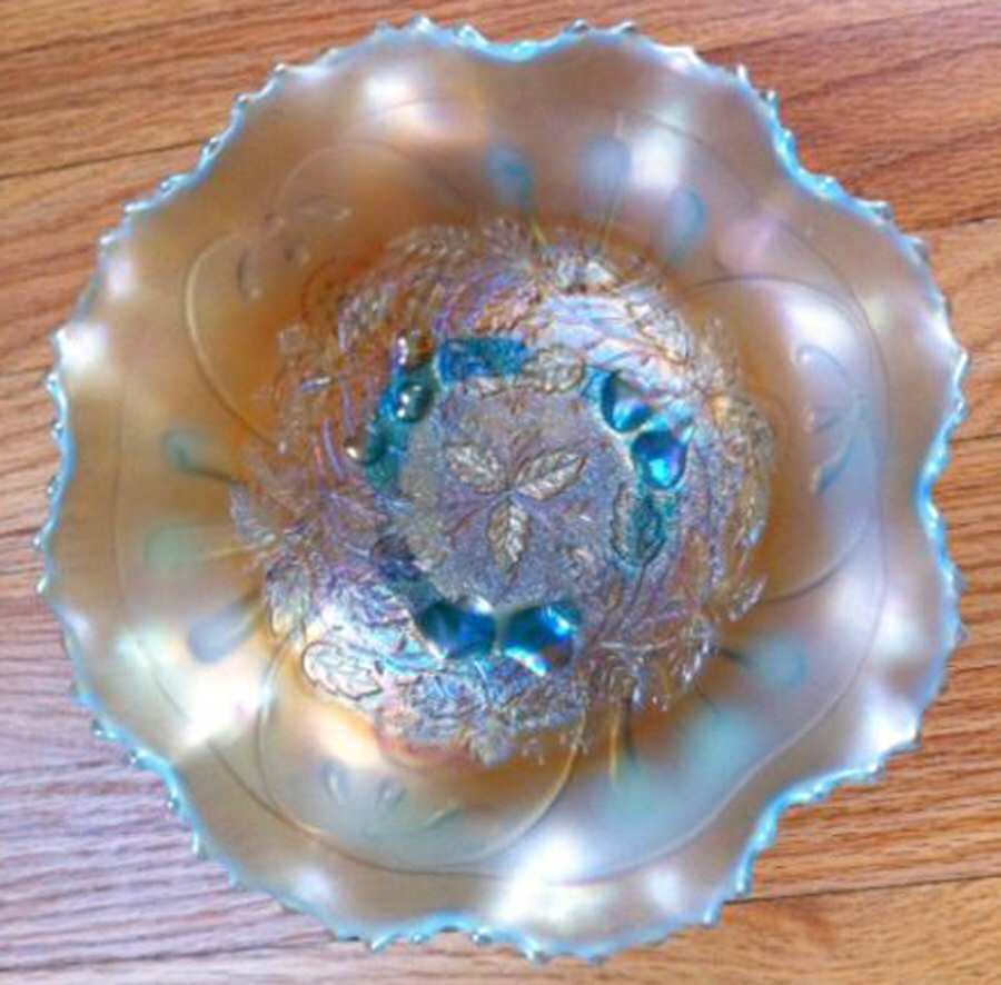 Three Fruits Medallion Aqua Opalescent 8" Round Crimped Bowl by Northwood-1