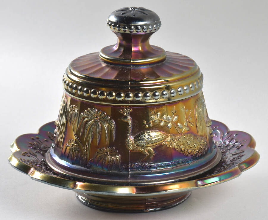 Peacock at the Fountain-Amethyst Round Covered Butter by Northwood-1