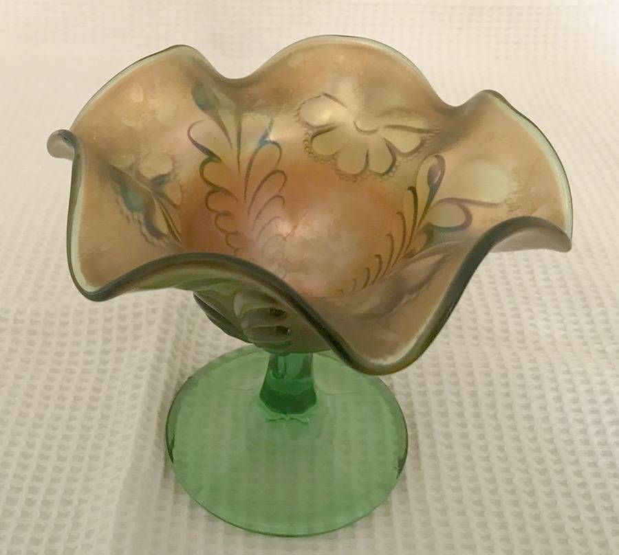 Daisy and Plume Green (Carnival) Round Compote (Height X Width) by Northwood-1