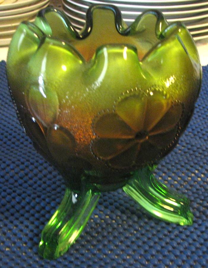 Daisy and Plume Green (Carnival) Footed Rose Bowl by Northwood-1