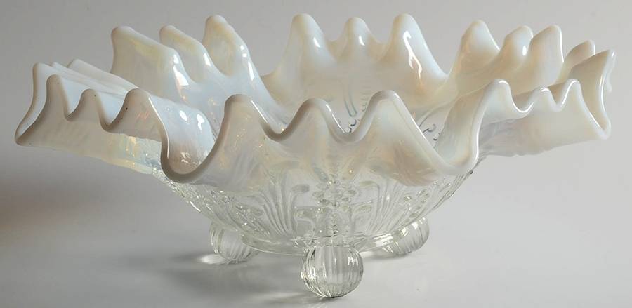 Pearl Flowers-White Opalescent 9" Round 3-Toed Crimped Bowl by Northwood-1
