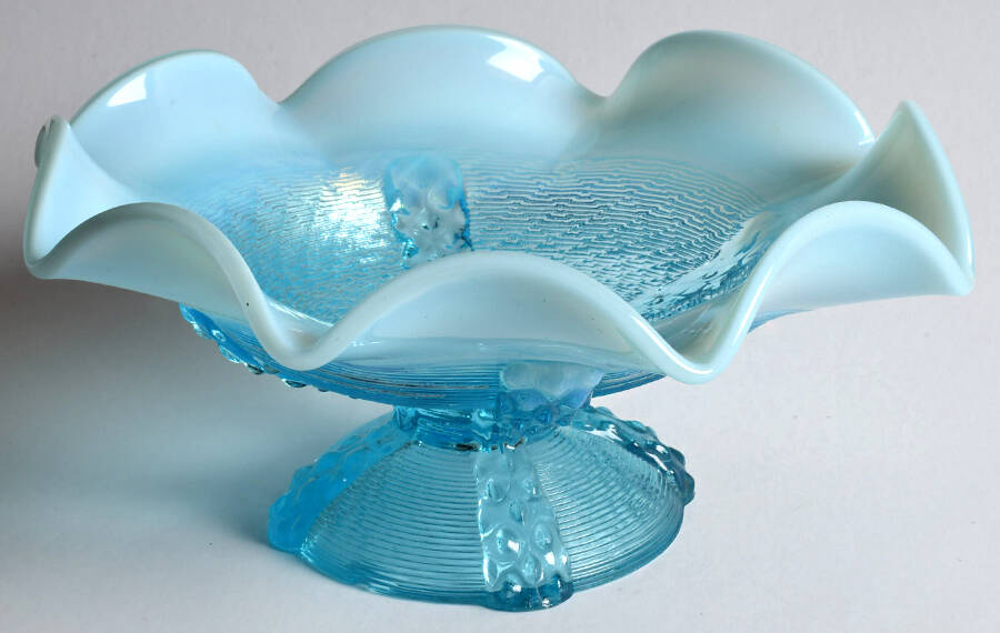 Button Panels Blue (Opalescent) 6" Round Crimped Bowl by Northwood-1