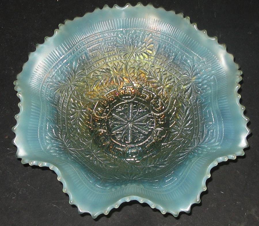 Embroidered Mums (Aqua Opalescent) 9" Round Crimped Bowl by Northwood-1