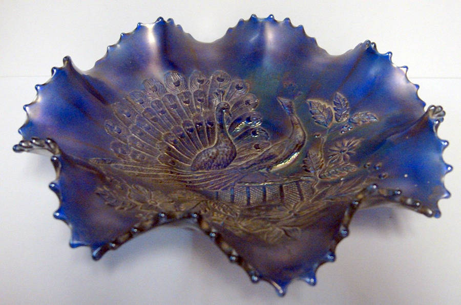 Peacocks on the Fence Cobalt Carnival 8" Round Crimped Bowl by Northwood-1