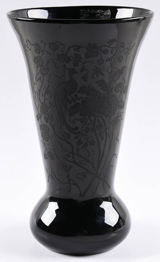 Peacock and Wild Rose Black 12" Flower Vase by Paden City-1