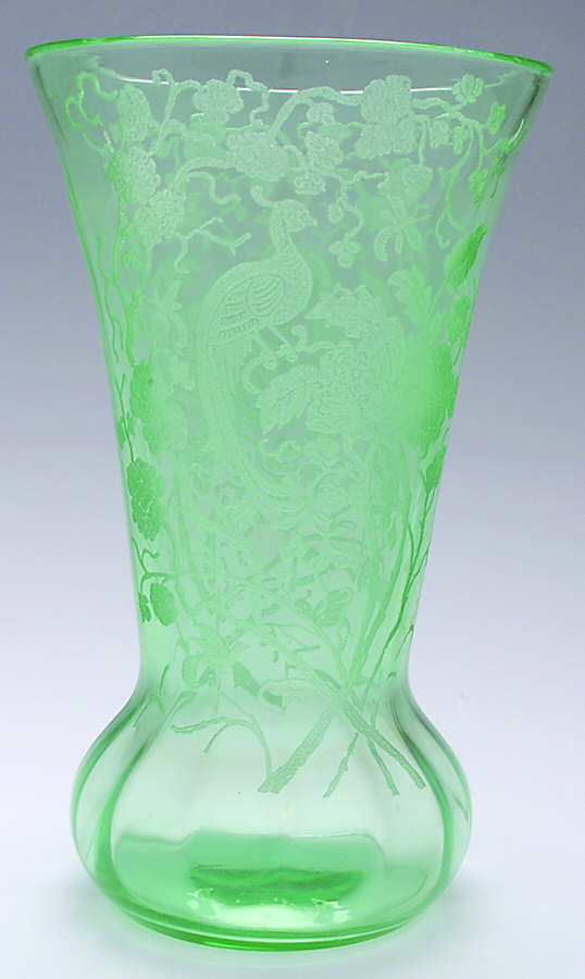 Peacock and Wild Rose Green 10" Flower Vase by Paden City-1