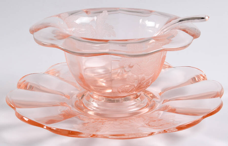 Peacock and Wild Rose Pink Mayonnaise Bowl, Underplate and Ladle by Paden City-1