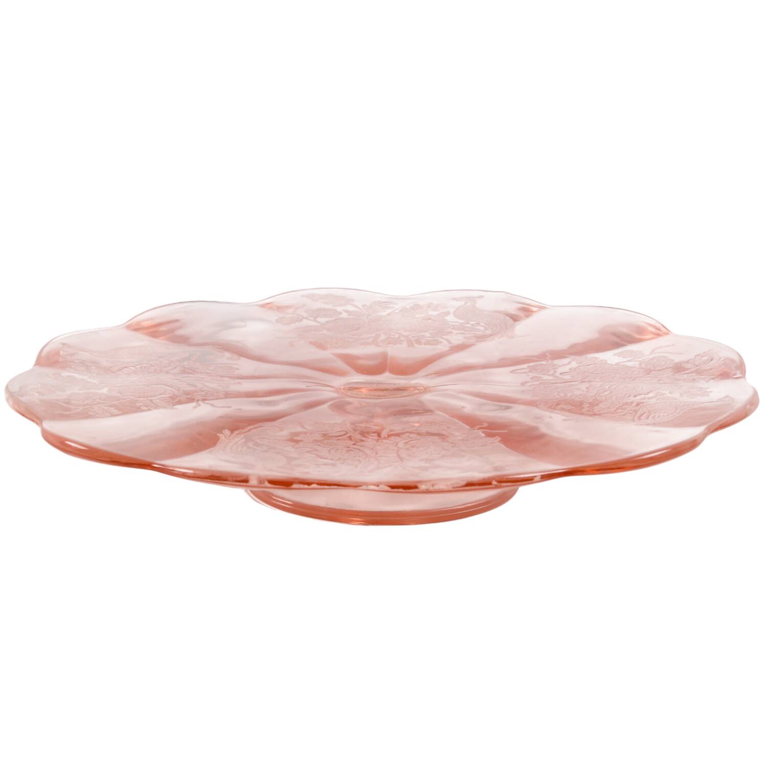 Peacock and Wild Rose Pink Footed Cake Plate by Paden City-1