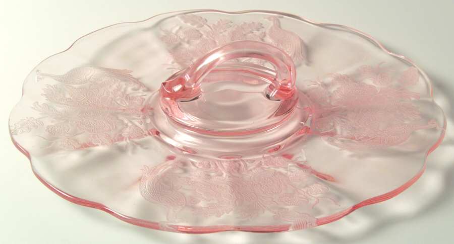 Peacock and Wild Rose Pink Center Handle Tray by Paden City-1