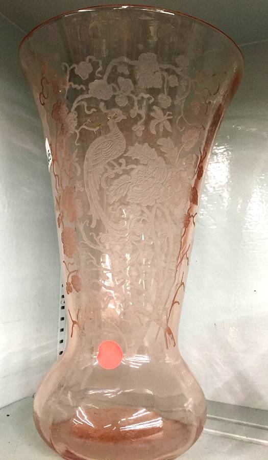 Peacock and Wild Rose Pink 12" Flower Vase by Paden City-1