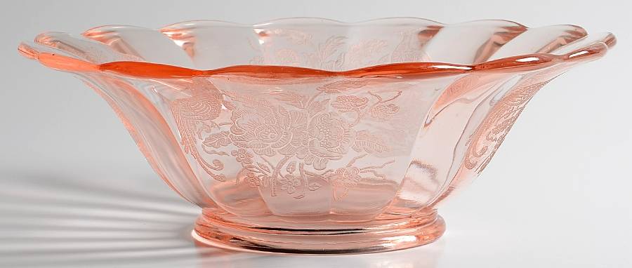 Peacock and Wild Rose Pink 10" Rolled Edge Bowl by Paden City-1