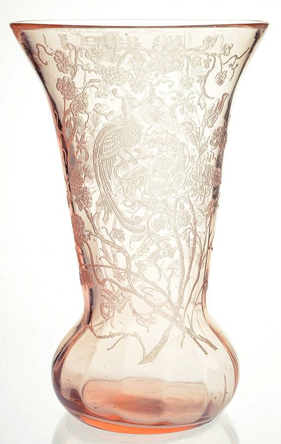 Peacock and Wild Rose Pink 10" Flower Vase by Paden City-1