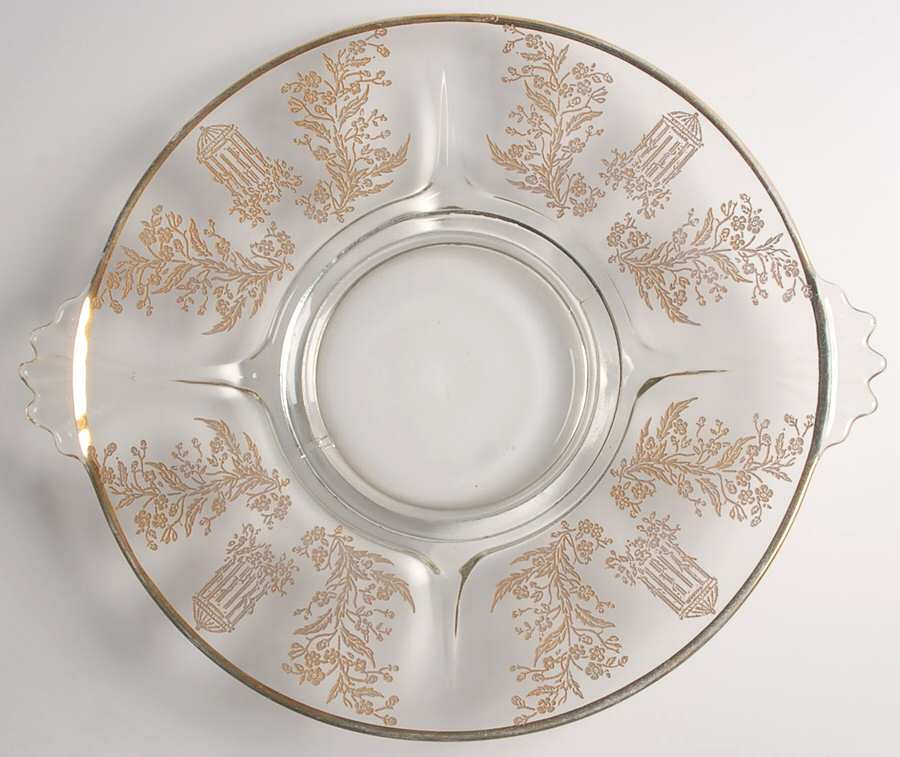 Gazebo (Gold Encrusted) 13" Round Handled Tray by Paden City-1