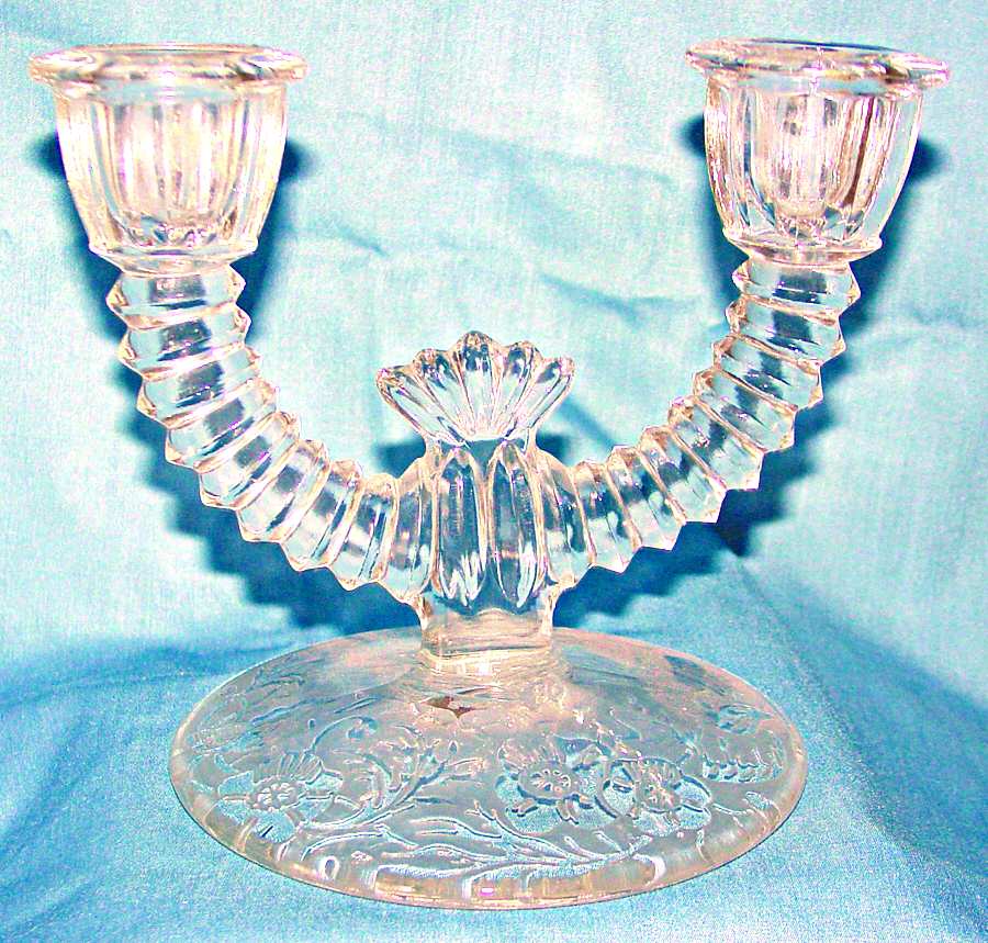 Spring Orchard Clear Double Light Candlestick by Paden City-1