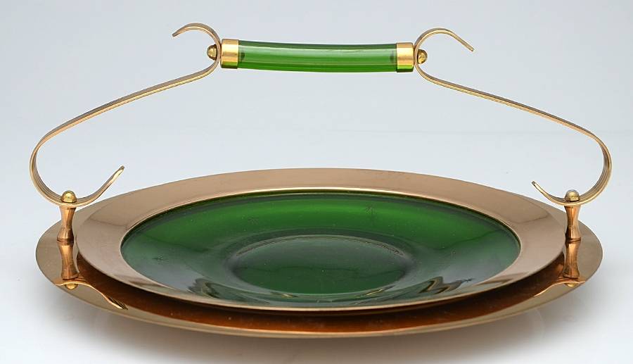 Emerald Glo Round Metal Handled Tray w/Glass and Metal Insert by Paden City-1