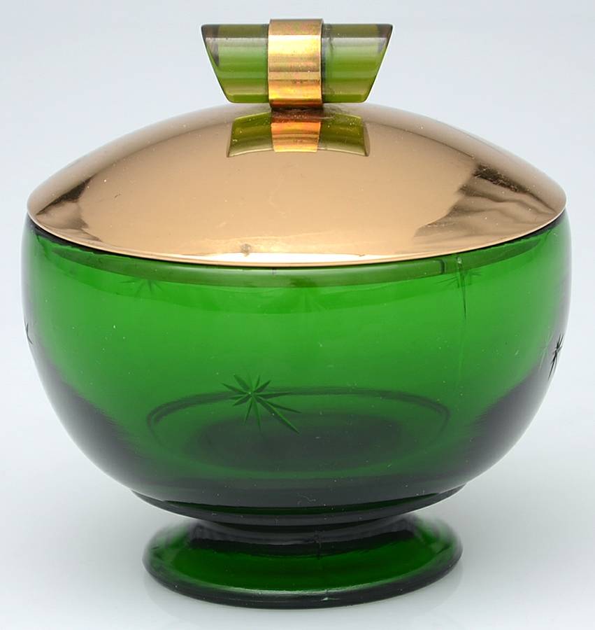 Emerald Glo Sugar Bowl & Metal Lid by Paden City-1