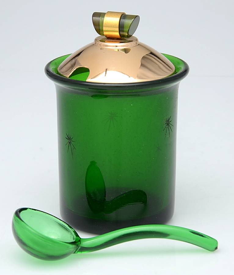 Emerald Glo Marmalade with Lid & Ladle by Paden City-1