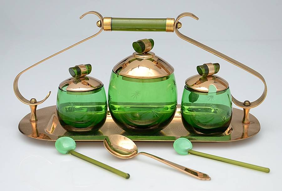 Emerald Glo (10 Piece) Condiment Set (Metal & Glass) by Paden City-1