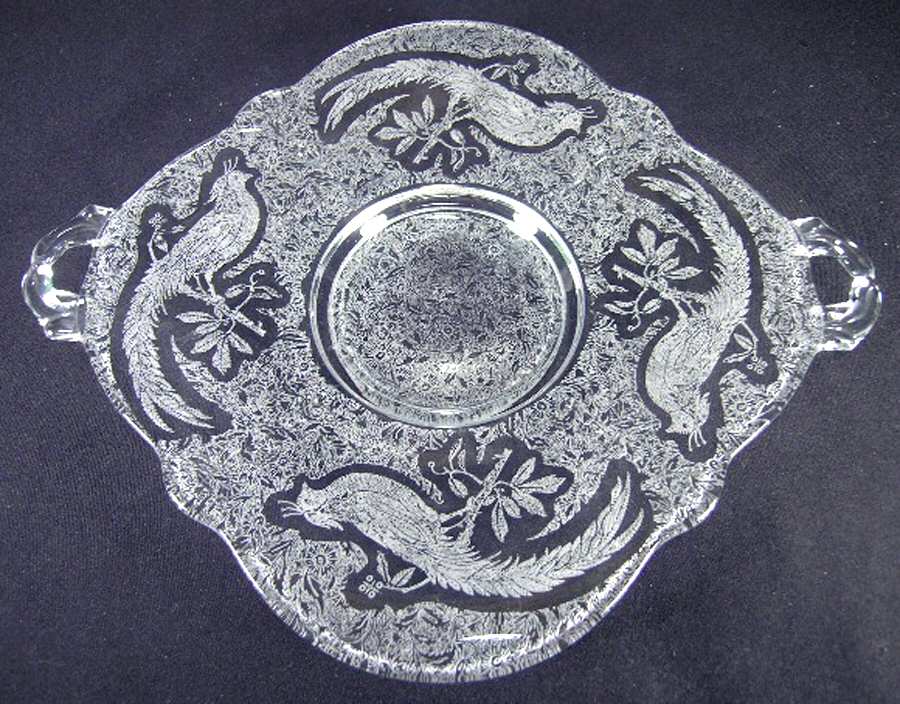 Sasha Bird Clear Handled Cake Plate by Paden City-1