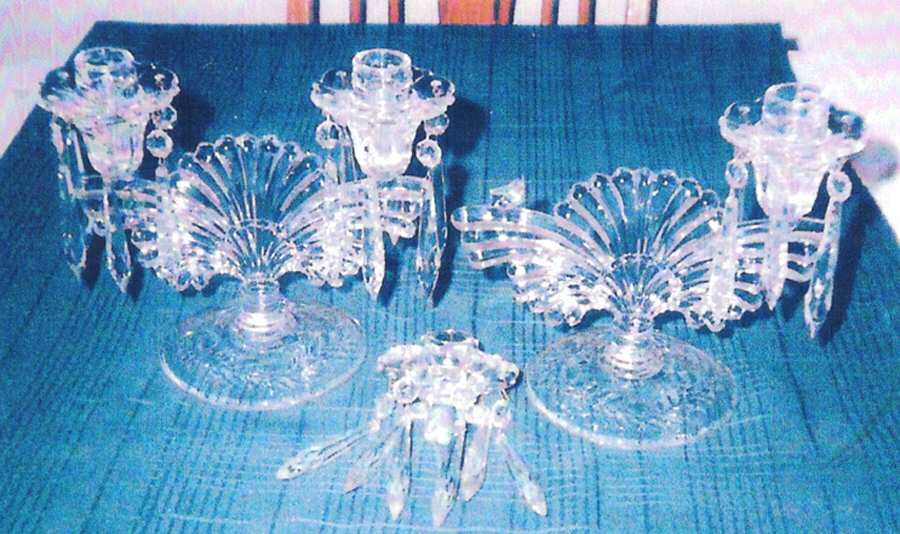 Maya Clear Double Candlestick w/2 Bobeche and 16 Prisms by Paden City-1