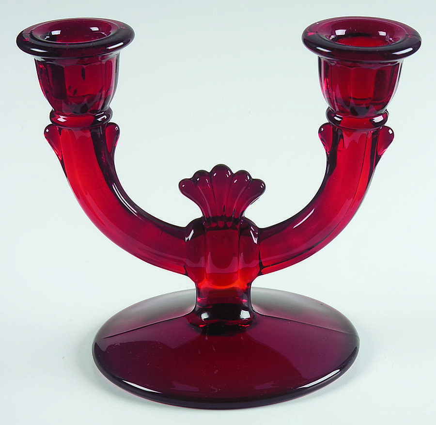 Lucy Ruby Double Light Candlestick by Paden City-1