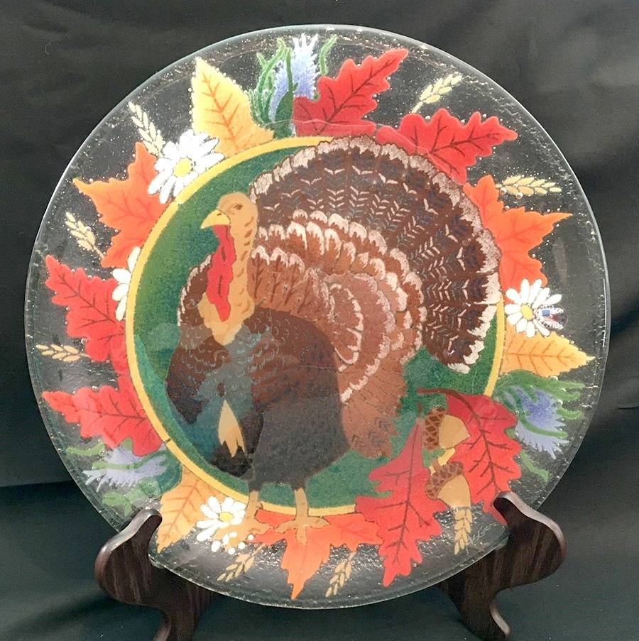Turkey (On Green) 14" Round Platter by Peggy Karr-1