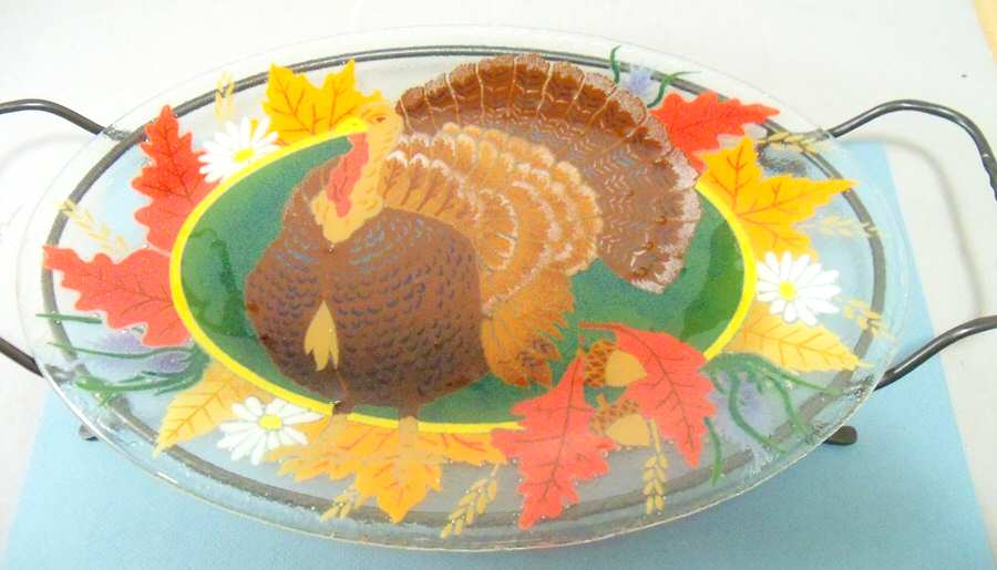 Turkey (On Green) 17" Oval Platter by Peggy Karr-1