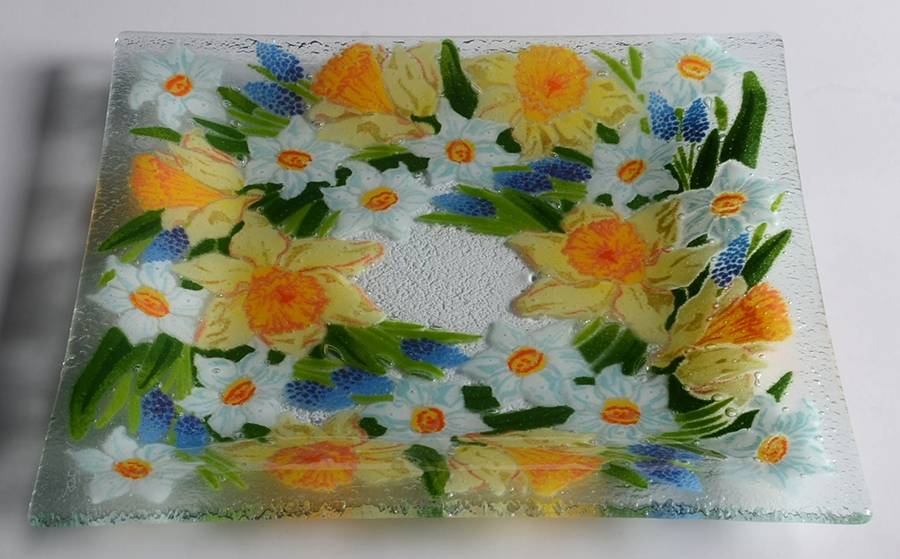 Daffodils 9" Square Platter by Peggy Karr-1