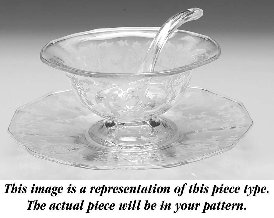 Oak Leaf Green (Brocade) Mayonnaise Bowl, Underplate and Ladle by Fostoria-1