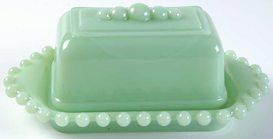 Candlewick Jade Ite California Covered Butter W/Beads on Top of Lid by Mosser (Ohio)-1