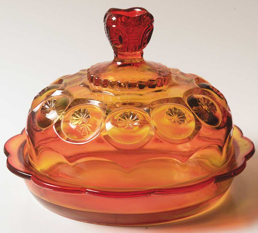 Moon and Star Amberina Round Covered Butter by Smith Glass -1