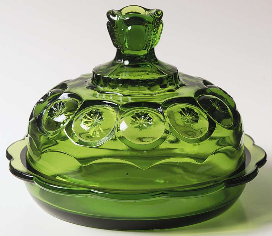 Moon and Star Green Round Covered Butter by Smith Glass -1