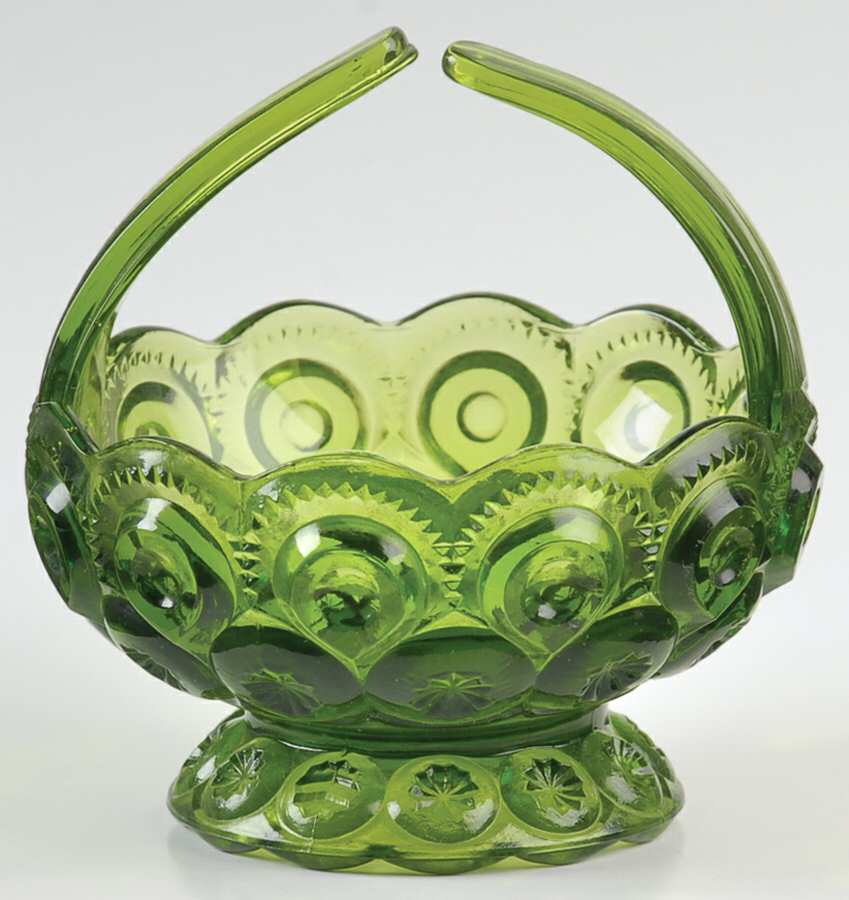 Moon and Star Green 4" Footed Split Handled Basket by Smith Glass -1