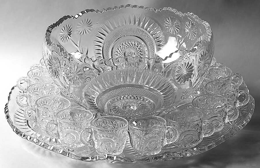 Pinwheel & Stars (14 Pc) Punch Set-Cupped Bowl #2,Cup #3&Underplate by Smith Glass -1