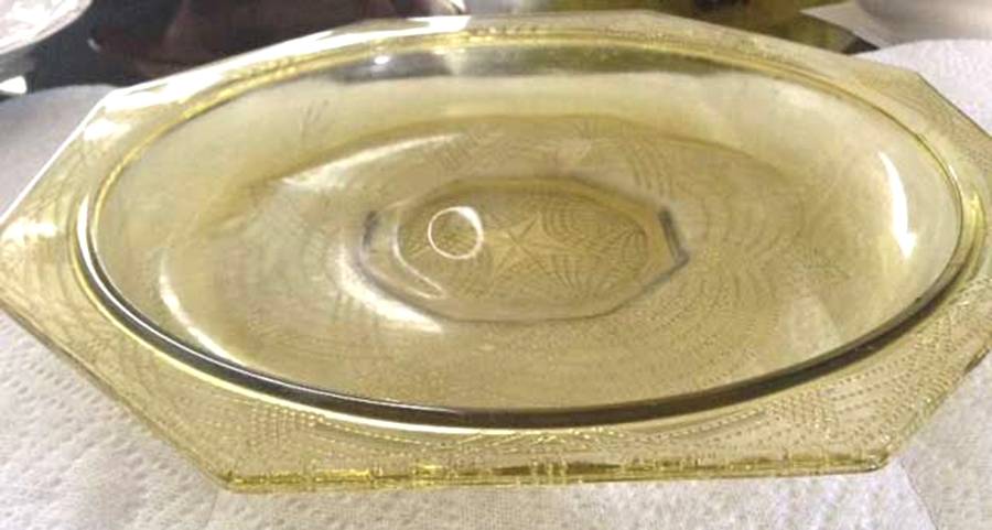 Romanesque Yellow (Vaseline) 11" Shallow Round Bowl by Smith Glass -1