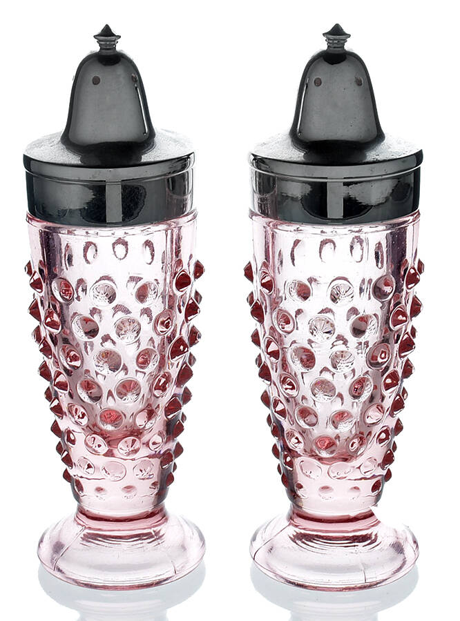 Hobnail Pink Footed Shaker Set & Metal Lids by Smith Glass -1