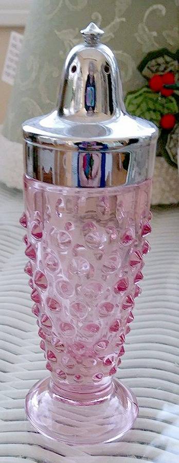 Hobnail Pink Footed Shaker & Metal Lid by Smith Glass -1